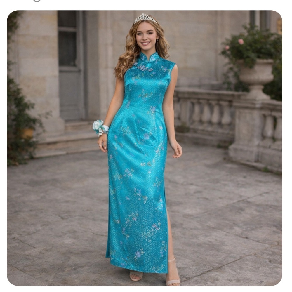 Vintage Turquoise Blue Satin Jacquard Cheongsam Prom Dress Gown